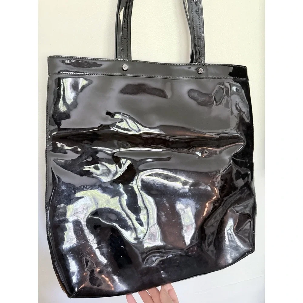 Tory Burch Black Patent Leather Monogram Tote Bag 17x17 Large Carry All Classic